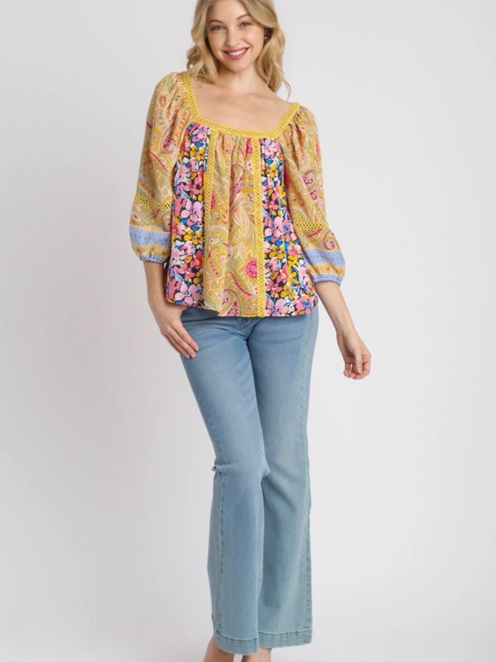 Umgee Boho Floral Paneled Peasant Top Sz S - Picture 3 of 7